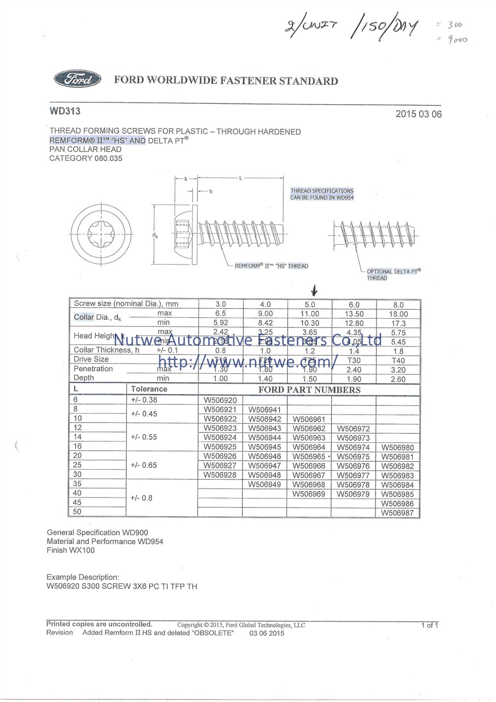 Ford WD313 Thread Forming Screws Engineer Drawing and Technical Data Sheet