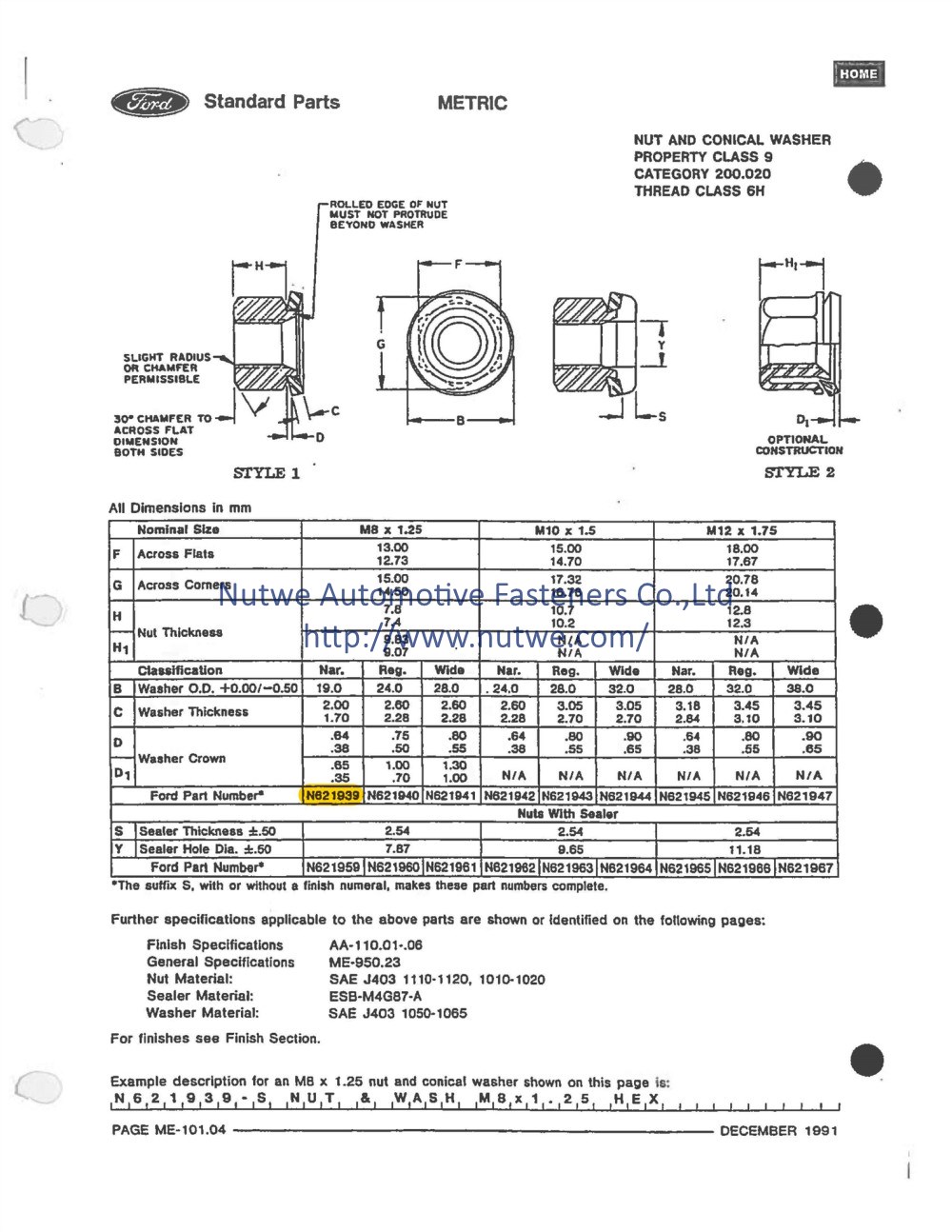 Ford N621941 Hexagon Nuts With Conical Washer Engineer Drawing and Technical Data Sheet
