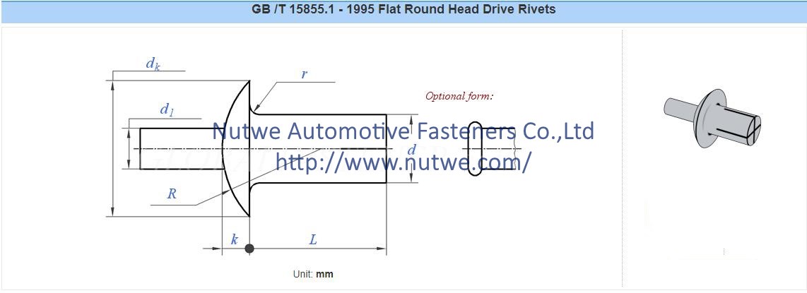 GB /T 15855.1 Flat Round Head Drive Rivets Engineer Drawing and Technical Data Sheet